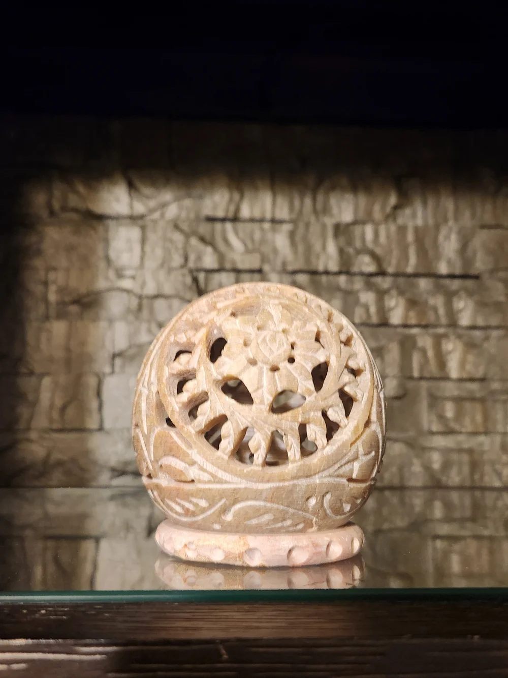 Handcrafted Carved Soapstone Tealight Holder With Floral Cutouts